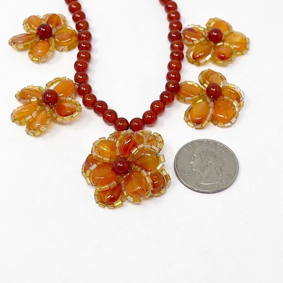 Floral Statement Necklace Boho Red Orange Carnelian Stone Chunky Bib Style - Picture 6 of 12